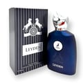 Maison Alhambra Leyden Eau De Parfum — A dark blue glass perfume bottle with a silver cap stands next to its matching dark striped box with white horses and a circular emblem. | Maison Alhambra Leyden Eau De Parfum — Botol kaca biru gelap dengan penutup perak berdiri di sebelah kotak berjalur gelap yang sepadan dengan