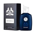 Maison Alhambra Leyden Eau De Parfum 100ml — A dark blue perfume bottle and its matching striped box are displayed side-by-side against a white background. The box features two white horses and a circular emblem. | Maison Alhambra Leyden Eau De Parfum 100ml — Botol minyak wangi biru gelap dan kotak berjalurnya yang