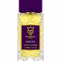 Bujairami Lolita Fruity Woody 100ml Extrait — Clear faceted glass bottle with yellow liquid, purple cap, and gold and purple label featuring a crown and the letter B.