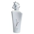 Lattafa Maahir Honor 100ml by Lattafa — White perfume bottle with a white unicorn head cap, featuring Arabic calligraphy and text on the front | Lattafa Maahir Honor 100ml oleh Lattafa — Botol minyak wangi putih dengan penutup kepala unicorn putih, menampilkan kaligrafi Arab dan teks di bahagian hadapan