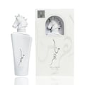 Lattafa Maahir Honor 100ml by Lattafa — White perfume bottle with a horse head stopper and its matching white box with a horse head relief | Lattafa Maahir Honor 100ml by Lattafa — Botol minyak wangi putih dengan penutup kepala kuda dan kotak putih padanannya dengan relif kepala kuda