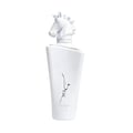 Lattafa Maahir Honor 100ml by Lattafa — White perfume bottle with a white horse head cap and Arabic calligraphy on the front | Lattafa Maahir Honor 100ml oleh Lattafa — Botol minyak wangi putih dengan penutup kepala kuda putih dan kaligrafi Arab di hadapan