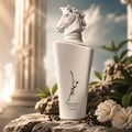 Lattafa Maahir Honor 100ml by Lattafa — White perfume bottle with a horse head cap, set on rocks with peppercorns and white flowers, with classical architecture in the background. | Lattafa Maahir Honor 100ml by Lattafa — Botol minyak wangi putih dengan penutup kepala kuda, diletakkan di atas batu dengan lada hitam