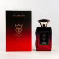 Bujairami Madness by Bujairami 100ml EDP — A black and red gradient box with gold crown logo next to a faceted glass perfume bottle with gold cap and matching gradient.