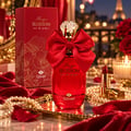 TADangel Magic Blossom by TADangel 100ml EDP Women — Red perfume bottle with a large red satin bow, diamond-shaped cap, presented with a red gift box, red lipstick, pearls, and red rose petals on a golden tray.