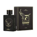 Lattafa Malik Al Tayoor Concentrated 100ml — Black perfume bottle and its black textured box with a golden eagle emblem, set against a white background. | Botol minyak wangi hitam dan kotaknya yang bertekstur hitam dengan lambang helang emas, berlatar belakang putih.