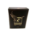 Lattafa Malik Al Tayoor Concentrated 100ml — Black perfume box with gold embossed eagle and Arabic script, textured surface, gold trim | Lattafa Malik Al Tayoor Concentrated 100ml — Kotak minyak wangi hitam dengan helang dan tulisan Arab emas timbul, permukaan bertekstur, trim emas