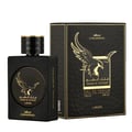 Lattafa Malik Al Tayoor Concentrated 100ml — Black perfume bottle with gold cap and eagle emblem, next to its black and gold patterned box with matching emblem. | Lattafa Malik Al Tayoor Concentrated 100ml — Botol minyak wangi hitam dengan penutup emas dan lambang helang, bersebelahan kotaknya yang bercorak hitam dan