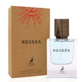 Maison Alhambra Megara 50ml — A brown cardboard box with red tree branch design and the name MEGARA printed on it, stands next to a clear glass perfume bottle with a wooden cap and the name MEGARA printed on the front. | Maison Alhambra Megara 50ml — Kotak kadbod coklat dengan rekaan dahan pokok merah dan nama MEGARA