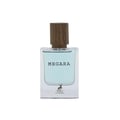Maison Alhambra Megara 50ml by Maison Alhambra — A clear glass perfume bottle with a light blue liquid and a wooden cap, featuring the text 'MEGARA' and a deer logo with 'MAISON ALHAMBRA' below | Maison Alhambra Megara 50ml by Maison Alhambra — Botol minyak wangi kaca jernih dengan cecair biru muda dan penutup kayu
