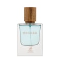 Maison Alhambra Megara 50ml by Maison Alhambra — A clear glass perfume bottle with a light blue liquid and a wooden cap, featuring the brand logo and name at the bottom. | Maison Alhambra Megara 50ml oleh Maison Alhambra — Botol minyak wangi kaca jernih dengan cecair biru muda dan penutup kayu, menampilkan logo dan