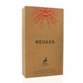Maison Alhambra Megara 50ml — A brown cardboard perfume box with a red tree branch illustration at the top, the name MEARA in black text, and a deer silhouette logo with 'MAISON ALHAMBRA' below it. | Maison Alhambra Megara 50ml — Kotak minyak wangi kadbod coklat dengan ilustrasi dahan pokok merah di bahagian atas