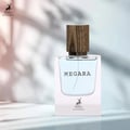 Maison Alhambra Megara 50ml by Maison Alhambra — A clear glass perfume bottle with a wooden cap, labeled 'MEGARA', sits on a white surface with soft, blurred shadows in the background. | Maison Alhambra Megara 50ml by Maison Alhambra — Botol minyak wangi kaca jernih dengan penutup kayu, berlabel 'MEGARA', terletak di