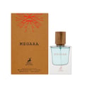 Maison Alhambra Megara 50ml — A brown cardboard box with a red tree root design and the text "MEGARA" sits next to a clear glass perfume bottle with a light blue liquid and a wooden cap, also labeled "MEGARA". | Maison Alhambra Megara 50ml — Sebuah kotak kadbod coklat dengan reka bentuk akar pokok merah dan teks