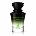Maison Alhambra Mia Dolcezza Verde — A black and green gradient glass perfume bottle with a black faceted cap, featuring a green deer silhouette and text.