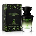 Maison Alhambra Mia Dolcezza Verde — Black box with green leaf design next to a gradient green and clear glass perfume bottle with a black cap, featuring a deer logo.