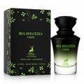 Maison Alhambra Mia Dolcezza Verde — Black box with green leaf pattern and deer logo next to a green-gradient glass perfume bottle with a black cap