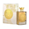 Ard Al Zaafaran Mithqal 100ml — A rectangular glass perfume bottle with a gold cap and a gold circular emblem on the front, next to its matching white and gold patterned box with a similar emblem. | Ard Al Zaafaran Mithqal 100ml — Botol minyak wangi kaca berbentuk segi empat dengan penutup emas dan lambang bulat emas