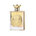 Ard Al Zaafaran Mithqal 100ml — A clear glass perfume bottle with a gold cap and a circular gold emblem featuring intricate detailing and winged figures on the front. | Ard Al Zaafaran Mithqal 100ml — Botol minyak wangi kaca jernih dengan penutup emas dan lambang emas bulat menampilkan perincian rumit dan figura