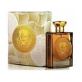 Ard Al Zaafaran Mithqal 100ml — A rectangular glass perfume bottle with a gold cap and a circular gold emblem on the front, next to its matching ornate gold and white patterned box. | Ard Al Zaafaran Mithqal 100ml — Botol kaca segi empat dengan penutup emas dan lambang emas bulat di hadapan, bersebelahan dengan kotak