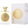 Ard Al Zaafaran Mithqal 100ml by Ard Al Zaafaran — A clear glass perfume bottle with a gold cap and a large circular gold emblem on the front, next to its white and gold patterned presentation box with a matching emblem. | Ard Al Zaafaran Mithqal 100ml oleh Ard Al Zaafaran — Botol minyak wangi kaca jernih dengan