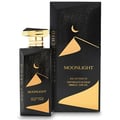 Gulf Orchid Moonlight Eau De Parfum — Black perfume bottle with gold accents and starry night design, next to its matching black box with desert dunes and crescent moon graphic. | Gulf Orchid Moonlight Eau De Parfum — Botol minyak wangi hitam dengan aksen emas dan rekaan malam berbintang, bersebelahan kotaknya yang