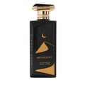 Gulf Orchid Moonlight Eau De Parfum — Black perfume bottle with gold desert dunes and crescent moon design, gold cap with black stone accent | Gulf Orchid Moonlight Eau De Parfum — Botol minyak wangi hitam dengan reka bentuk bukit pasir emas dan bulan sabit, penutup emas dengan aksen batu hitam
