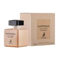 Maison Alhambra Narissa Poudree 100ml — A square, pale peach perfume bottle with a black cap sits next to its matching pale peach box, both featuring a deer silhouette logo and text. | Maison Alhambra Narissa Poudree 100ml — Botol pewangi persegi berwarna pic pucat dengan penutup hitam duduk bersebelahan dengan