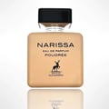 Maison Alhambra Narissa Poudree Eau de Parfum — A square, beige perfume bottle with a black cap and a deer logo on the front. | Maison Alhambra Narissa Poudree Eau de Parfum — Botol minyak wangi berbentuk segi empat, berwarna krim dengan penutup hitam dan logo rusa di hadapan.