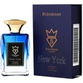 Bujairami New York Eau de Parfum — Blue gradient glass bottle with gold cap, alongside its navy blue box with gold lettering and barcode.