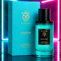 Bujairami Non Stop by Bujairami 100ml Extrait — Teal perfume bottle and matching box with gold logo and text, set against a neon blue and pink background.