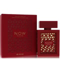Rave Now Rouge Perfume EDP 100ml by RAVE — A red perfume box and bottle with a geometric gold pattern. The box is on the left, and the bottle is on the right. | Kotak dan botol minyak wangi merah Rave Now Rouge Perfume EDP 100ml dengan corak geometri emas. Kotak di sebelah kiri, dan botol di sebelah kanan.