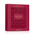 Rave Now Rouge Perfume EDP 100ml by RAVE — A red textured box with a geometric cutout pattern and gold text "NOW ROUGE" and "RAVE" at the bottom. | Rave Now Rouge Perfume EDP 100ml by RAVE — Kotak merah bertekstur dengan corak potongan geometri dan teks emas "NOW ROUGE" dan "RAVE" di bahagian bawah.