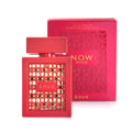 RAVE Now Rouge Perfume EDP 100ml by RAVE — A red perfume bottle with a geometric gold cutout design and the word RAVE visible inside, placed next to its matching red box with a geometric pattern and the words NOW ROUGE. | RAVE Now Rouge Perfume EDP 100ml oleh RAVE — Botol minyak wangi merah dengan reka bentuk potongan