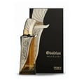French Avenue Obsidian Eau De Parfum — A tall, ornate perfume bottle with silver and gold accents, featuring a textured pattern and amber liquid, stands beside its matching black and silver box with embossed detailing.