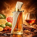 French Avenue Obsidian Eau De Parfum 100ml Unisex — A tall, rectangular perfume bottle with a silver and gold ornate cap, filled with amber liquid, sits on a wooden surface surrounded by citrus fruits, cinnamon sticks, and a glass of amber liquid.