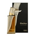 French Avenue Obsidian Eau De Parfum 100ml Unisex — A tall, rectangular glass perfume bottle with ornate silver and gold detailing, filled with amber liquid, stands next to its black and silver patterned box.