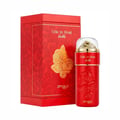 Zimaya Ode to Rose Bella Eau De Parfum — A red perfume bottle with embossed roses and a clear cap with gold accents sits next to its matching red patterned gift box with gold floral details. | Zimaya Ode to Rose Bella Eau De Parfum — Sebotol minyak wangi merah dengan bunga mawar timbul dan penutup jernih dengan aksen