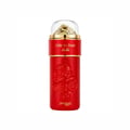 Zimaya Ode to Rose Bella Eau De Parfum — A red perfume bottle with embossed roses and gold accents, topped with a clear dome containing gold-colored decorative elements. | Zimaya Ode to Rose Bella Eau De Parfum — Botol minyak wangi merah dengan bunga ros timbul dan aksen emas, di atasnya terdapat kubah jernih berisi