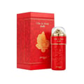 Zimaya Ode to Rose Bella Eau De Parfum — Red ornate box with gold rose motif next to a red perfume bottle with a clear dome cap filled with gold decorative elements. | Zimaya Ode to Rose Bella Eau De Parfum — Peti merah berhias dengan motif bunga mawar emas di sebelah botol minyak wangi merah dengan penutup kubah
