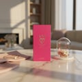 Bujairami Only Ever by Bujairami 100ml EDP — Pink textured box with gold crown logo, displayed on a marble surface with a delicate bracelet and a glass dome containing a dried rose.