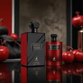 Maison Alhambra Opera Rouge by Maison Alhambra for Women 100ml — Two perfume bottles, one tall black and red, the other shorter red, with red fruits and dark leaves in the background. | Maison Alhambra Opera Rouge by Maison Alhambra for Women 100ml — Dua botol minyak wangi, satu tinggi hitam dan merah, satu lagi lebih