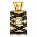 Lattafa Oud Mood 30ml by Lattafa EDP Unisex — A golden perfume bottle with a gold cap, wrapped in black ribbon printed with 'Oud Mood'. Features a decorative label with Arabic script and 'Oud Mood' text.