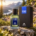 TADangel Pathway by Tad Angel 100ml EDP Men — A glass perfume bottle and its box sit on mossy rocks, with a scenic mountain lake and sunset in the background.