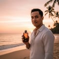 Afnan 9PM Elixir by Afnan 100ml EDP Men — Lelaki memegang botol wangian di pantai semasa matahari terbenam, dengan pokok kelapa di latar belakang.