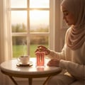 Afnan 9 AM – Pour Femme by Afnan Perfumes – 100 ml for Women — Woman in hijab holding a pink perfume bottle next to a steaming cup of coffee on a marble table, soft morning light from window.