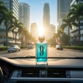 Afnan 9AM Dive by Afnan EDP 100 ml For Men — Botol wangian biru terang diletakkan di atas papan pemuka kereta dengan latar belakang bandar yang cerah pada waktu pagi