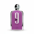Afnan 9 PM - Pour Femme Afnan Perfumes 100 ml Women — Botol kaca jernih dengan penutup bulat berkilat, label ungu terang dengan nombor '9' besar dan tulisan 'pm', 'pour femme', 'AFNAN', 'eau de parfum vaporisateur' dan 'e100ml 3.4fl oz'