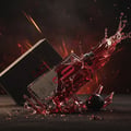 Afnan 9 PM Rebel by Afnan EDP 100 ml Men — A glass bottle of red liquid splashing dramatically next to its dark box.
