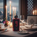 Afnan 9 PM Rebel by Afnan EDP 100 ml Men — Red and black perfume bottle on a candlelit dinner table with wine glasses and